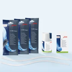 Sada na čistenie s tromi vodnými filtrami Jura Claris Smart, 90g 3-fázovými čistiacimi tabletami a dvoma silikónovými hadičkami s dĺžkou 360 mm pre kávovary Jura